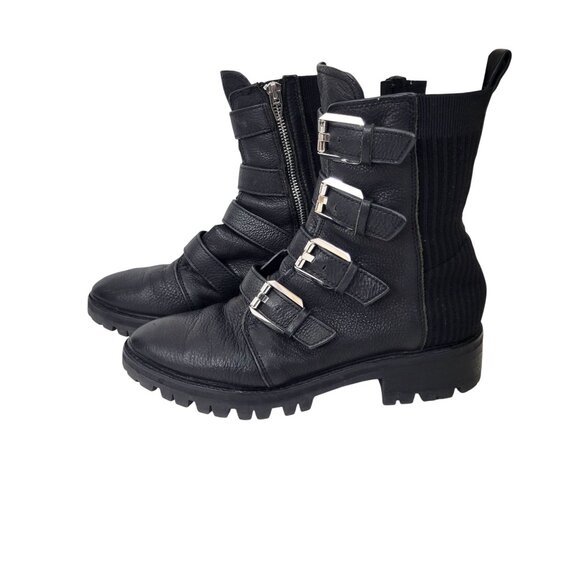 Dolce Vita Shoes - Dolce Vita Black Leather Combat Boots With Buckle Straps & Side Zipper Rugged Lu